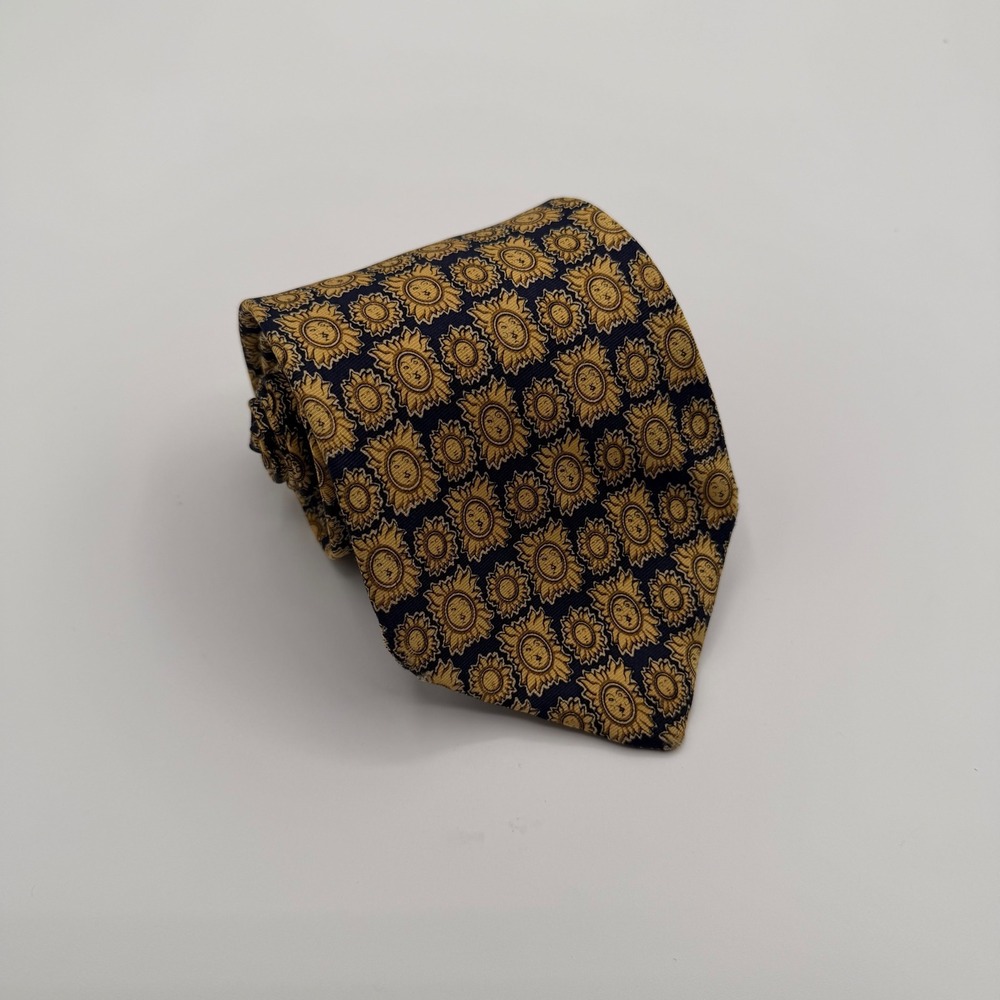 Brooks Brothers Makers Tie Mens Gold Navy Blue Sun Face Silk Celestial USA Made